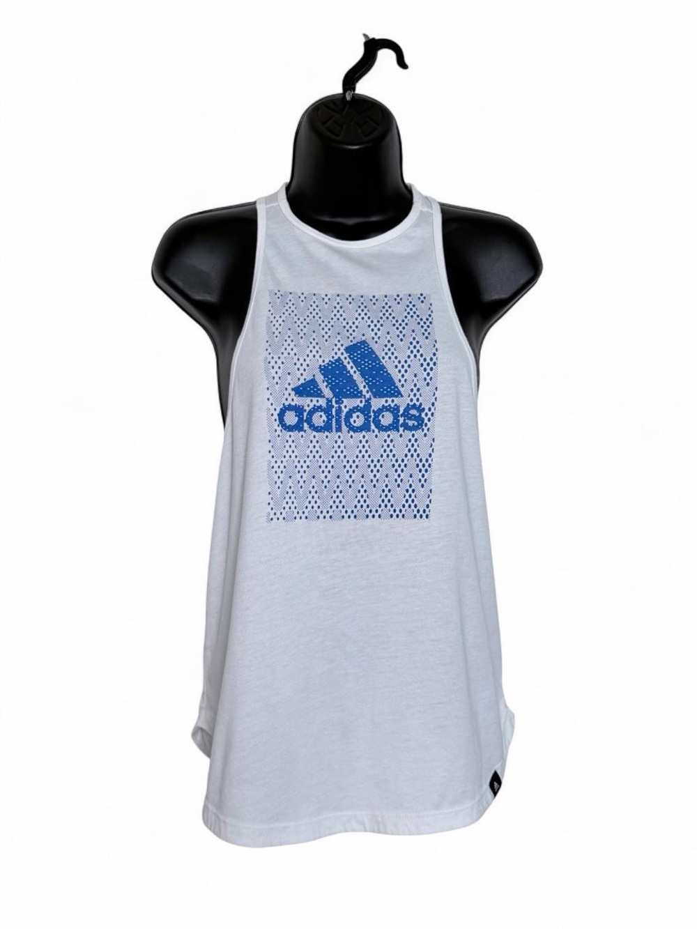 Medium Adidas White Racerback Workout Performance Tank Top with Blue Grid Logo